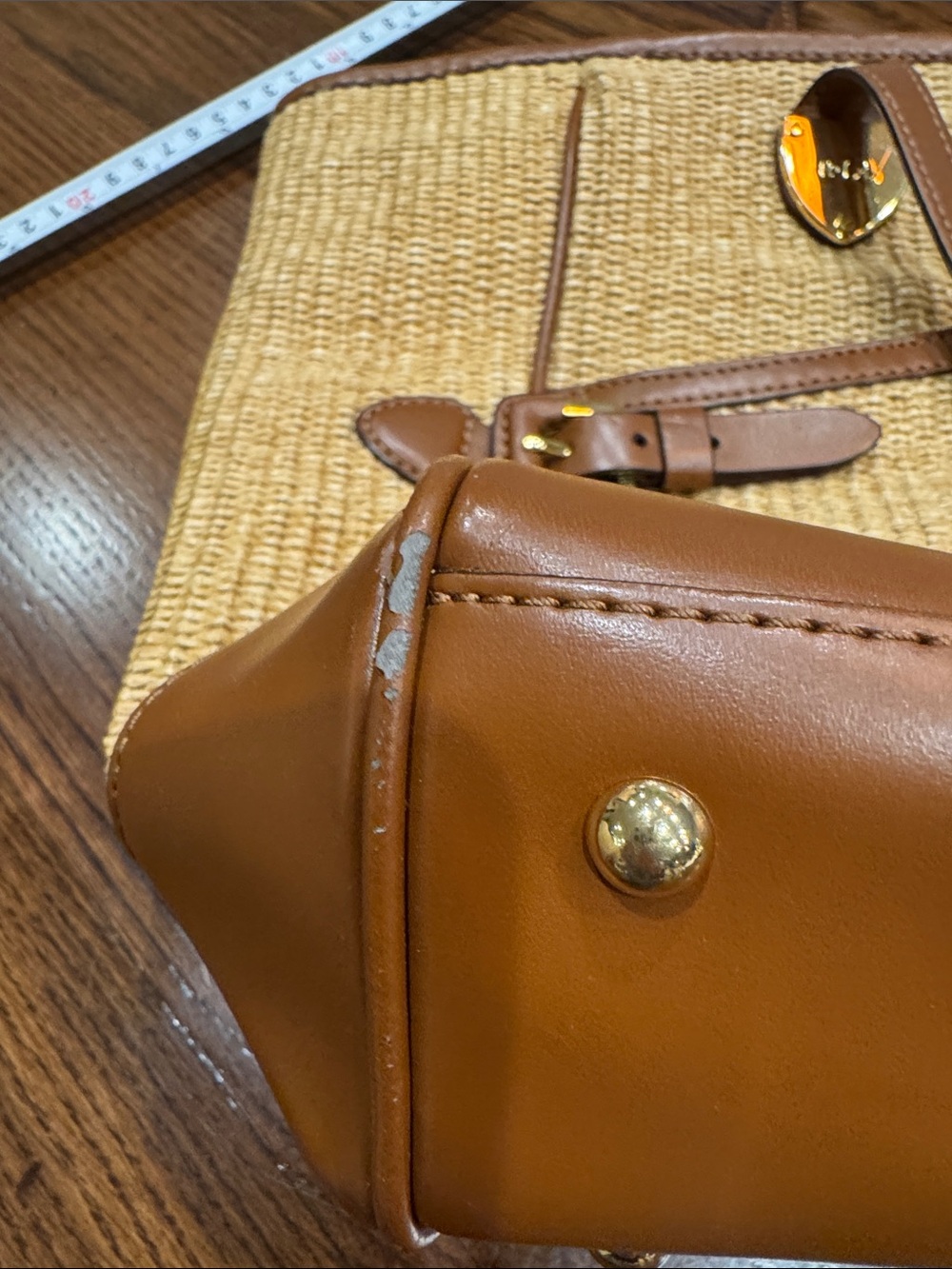 Lauren Ralph Lauren Tan Woven Straw Tote with Brown Leather Trim - Picture 14 of 17
